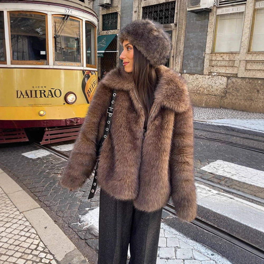 Women's Short Cut Voluminous Faux Fur Coat with Wide Shawl Collar Amarae