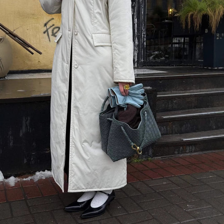 Ladies Long Down Jacket with Elegant Chic Lapels