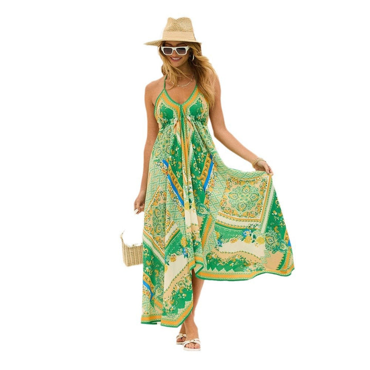 Ladies Airy Maxi Dress with Playful Halterneck Design and Floral Accents Lune London