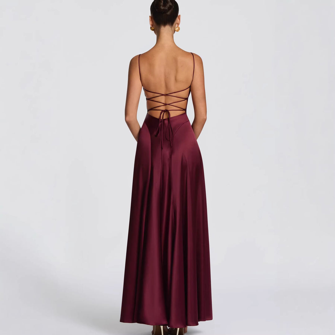 Women's Elegant Maxi Dress with Refined Spaghetti Straps and Flowing Satin Lune London