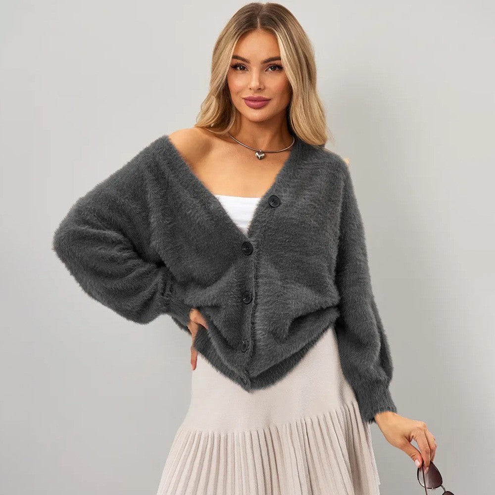 Women Plush Cardigan with Deep V Neckline and Button Details Lune London