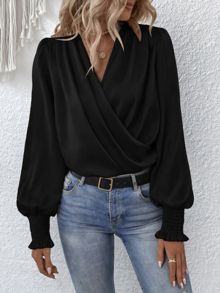 Elegant woman blouse with draped design and narrow sleeves Lune London