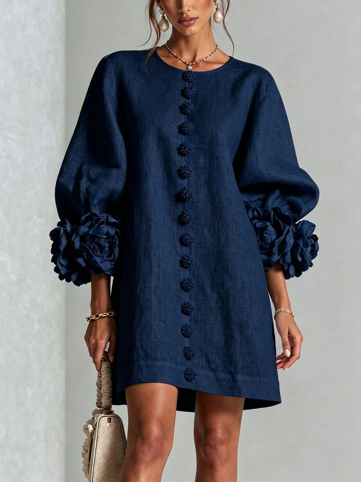 Ladies linen dress in A-line cut with balloon sleeves and 3D flower decoration Amarae