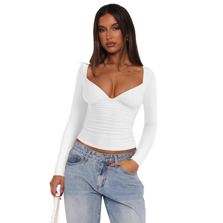 Women Fitted Long-Sleeve Top with V-Neckline and Gathers Lune London