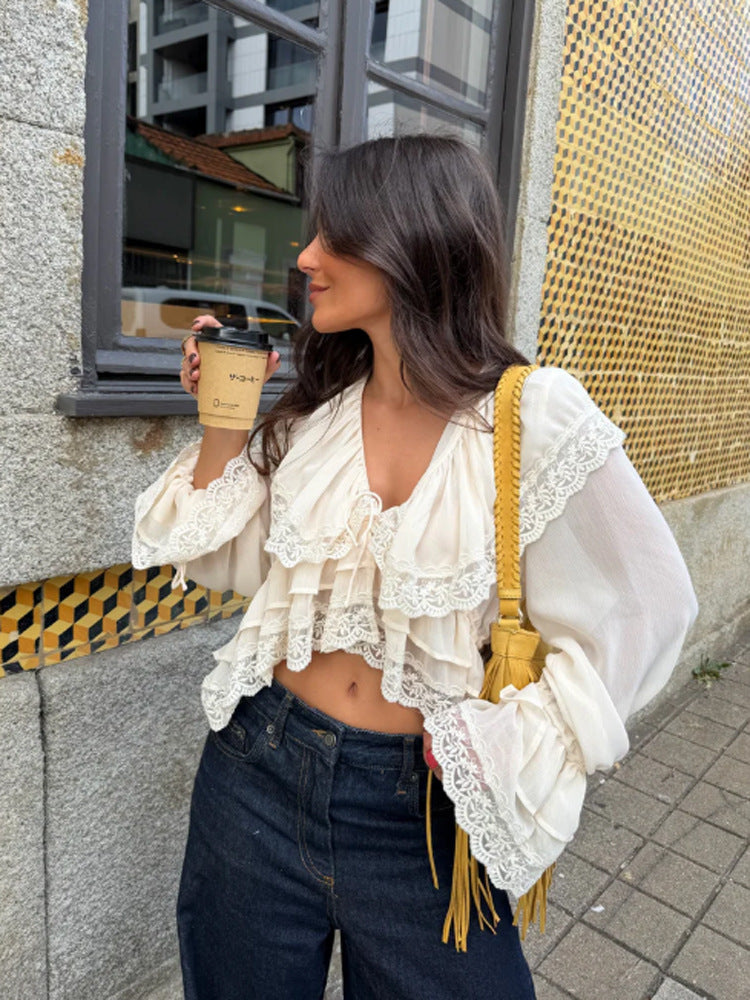 Women's Ruffled Lace Crop Top Blouse with Ruffles and V-Neck Amarae