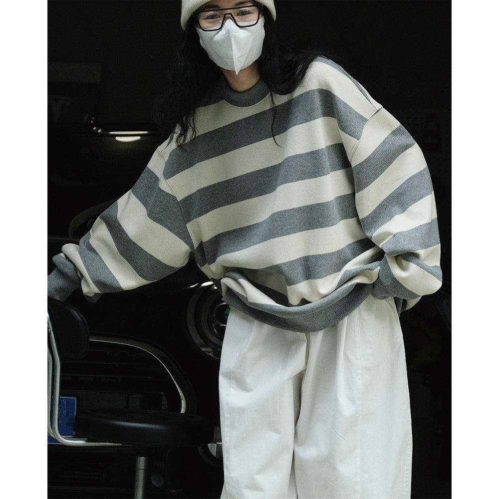 Women’s Oversized Cotton Blend Knit Sweater with Wide Block Stripes and Dropped Shoulder Amarae