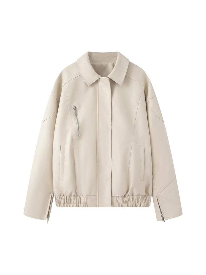 Faux leather jacket for women, with a modern high collar and elastic hem Lune London