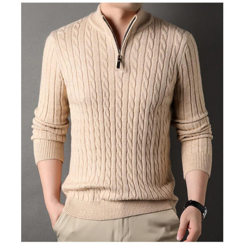 Elegant knitted men's sweater with half-zip and cable pattern Amarae