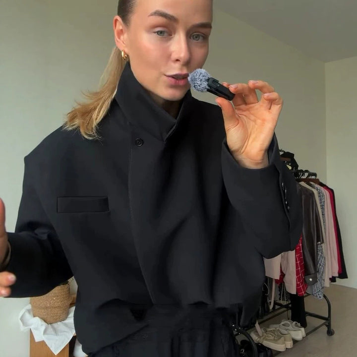 Women Asymmetric Cropped Boxy Jacket with High Stand Collar and Structured Shoulder Area Amarae