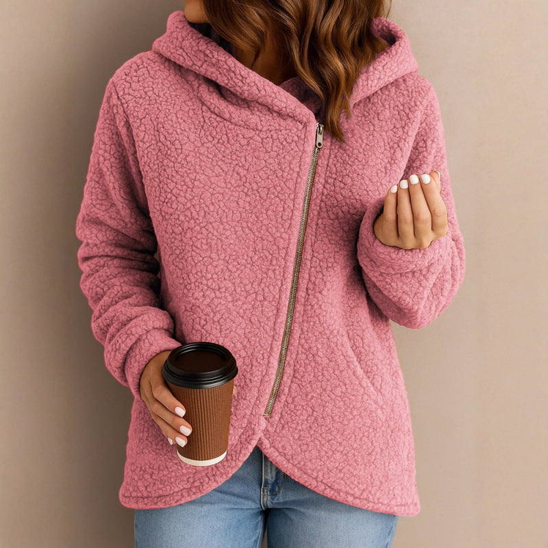 Women's teddy fleece jacket with asymmetrical zipper, hood and curved hem Amarae