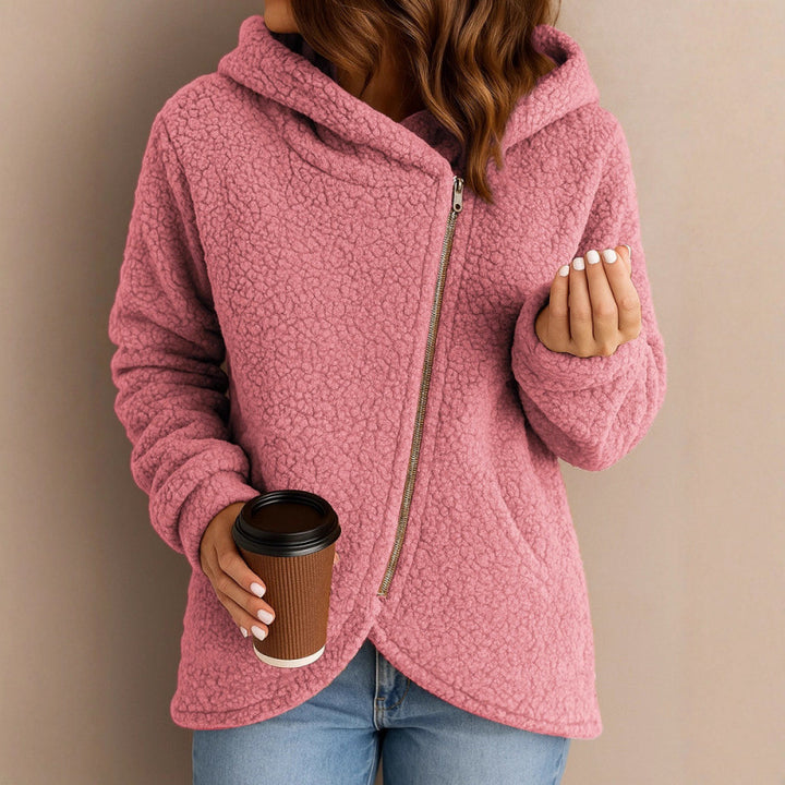 Women's teddy fleece jacket with asymmetrical zipper, hood and curved hem Amarae