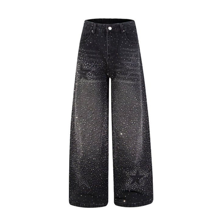 Women wide high-cut palazzo jeans with glitter effect and vintage wash Amarae
