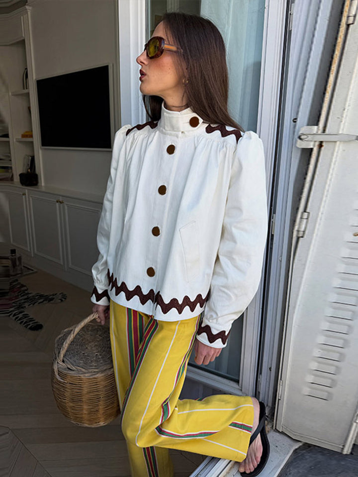 Ladies short jacket with stand-up collar, decorative wave edge and decorative button placket Amarae