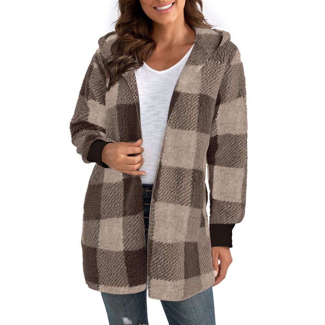 Ladies Cozy Fleece Jacket with Checkered Pattern and Hooded Design Lune London