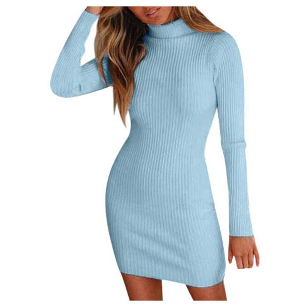 Women's Close-Fitting Ribbed Knit Mini Dress with Roll Neck and Long Sleeves Amarae