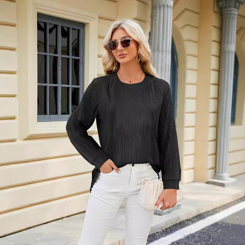 Ladies Elegant Long Sleeve Blouse with Fine Ribbed Structure and Chic Side Slits and Style
