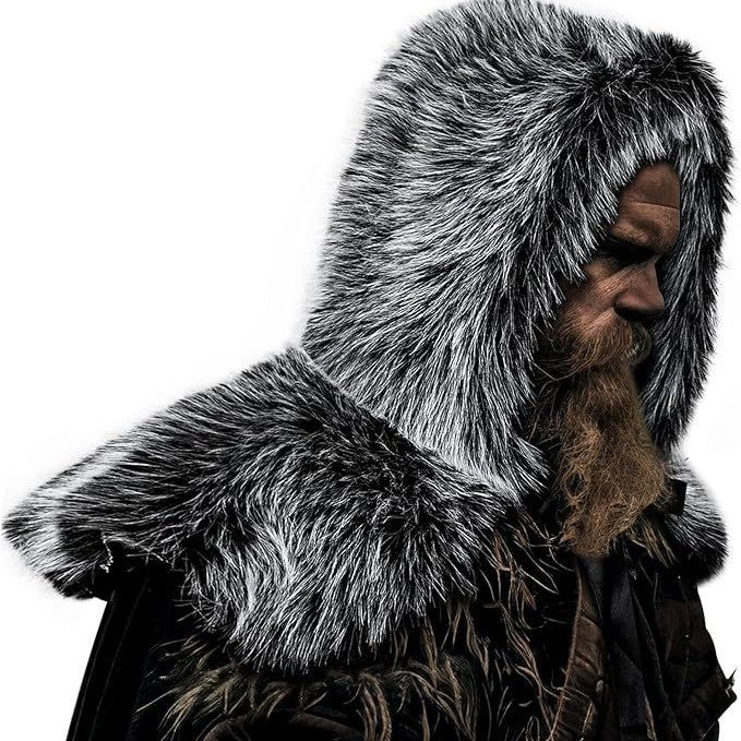 Men's hooded cloak made of dense faux fur with wide shoulder trim and warm interior lining Amarae