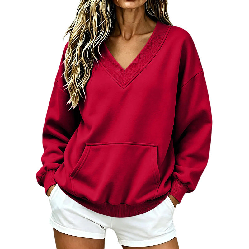 Women Oversize V-Neck Sweatshirt with Kangaroo Pocket and Ribbed Hem Amarae