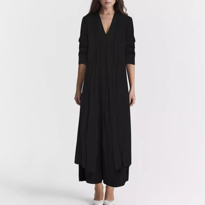 Women Elegant Long Coat with Deep V-Neck and Fluid Cut Lune London