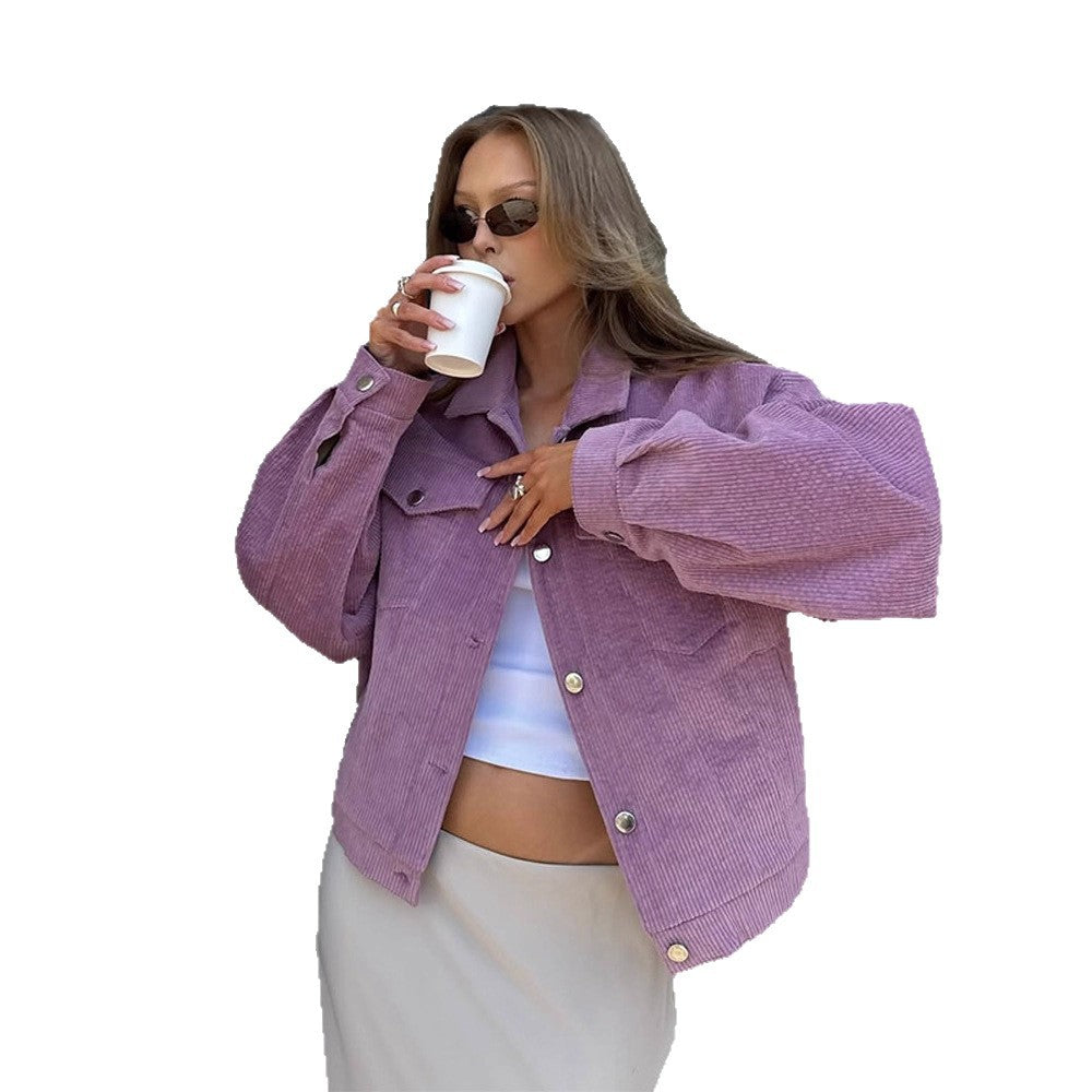 Women’s Oversize Cord Jacket in Cropped Cut with Flap Pockets and Boxy Silhouette Amarae