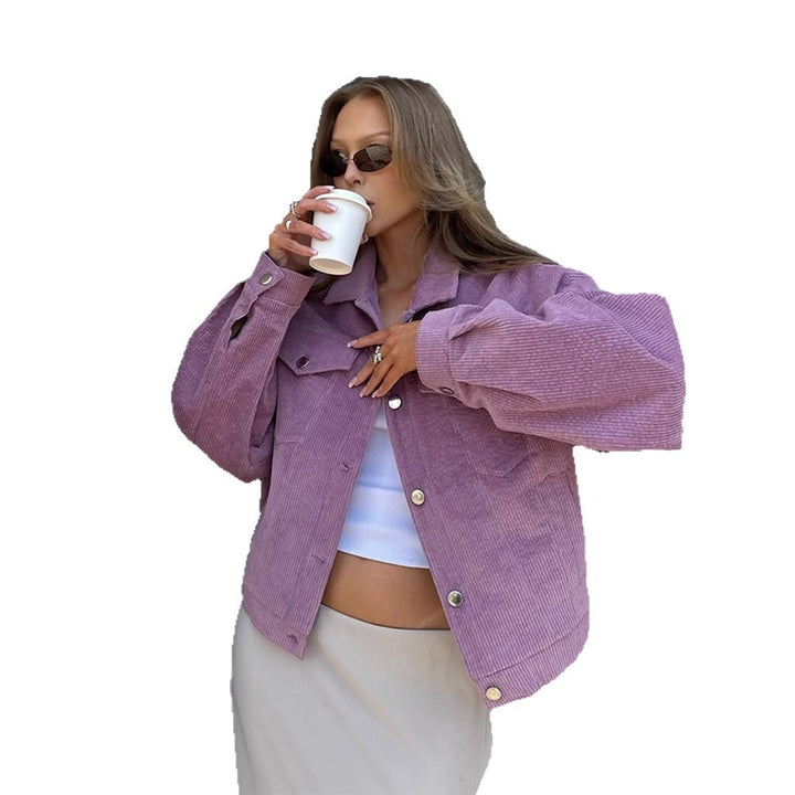 Women’s Oversize Cord Jacket in Cropped Cut with Flap Pockets and Boxy Silhouette Amarae