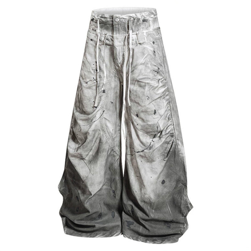 Women's High-Waisted Wide Culotte Pants with Draped Pleats, Drawstring and Speckle Print Amarae