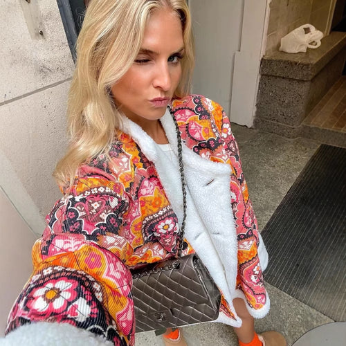 Quilted women's jacket with floral fleece lining and stylish button closure Amarae