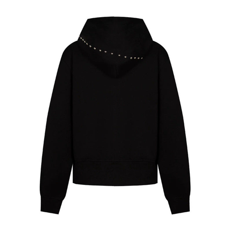 Women's hooded sweat jacket with studded accents, full-length zipper, and kangaroo pockets Amarae