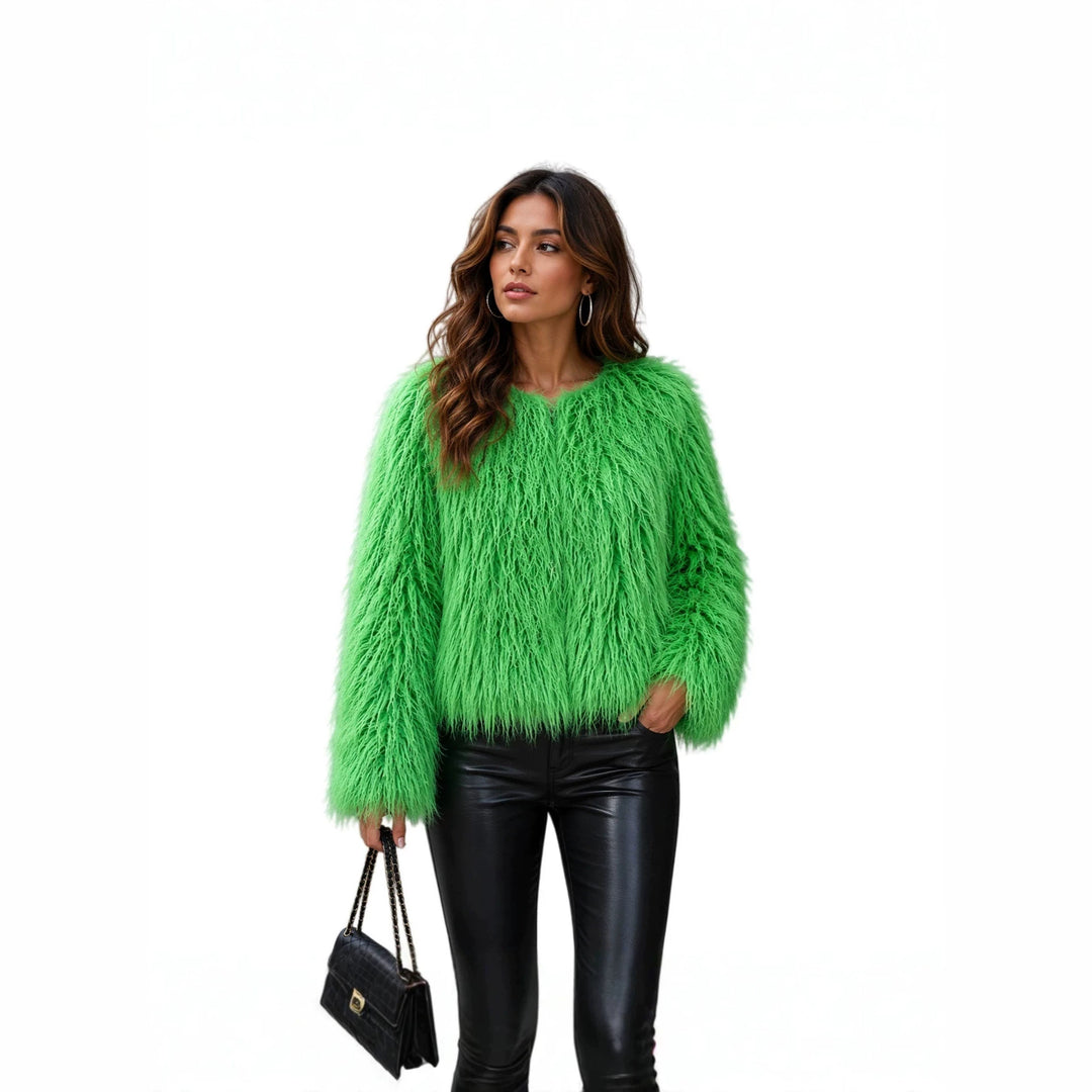 Women Short-Cut Shaggy Faux Fur Jacket with Round Neck, Extra Soft Long Hair and Casual Fit Amarae