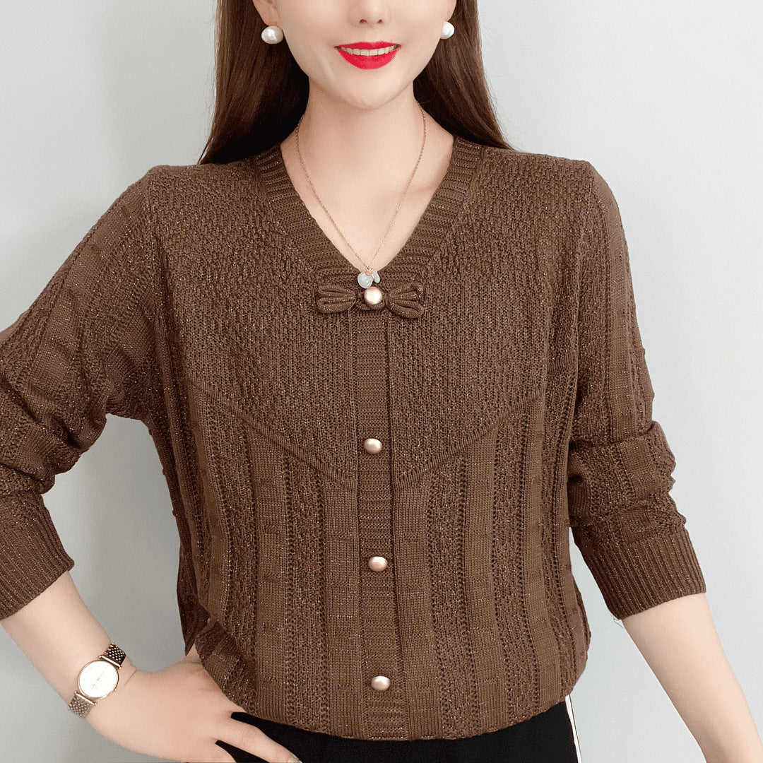 Women knit top with decorative pearl buttons and a refined bow design Lune London