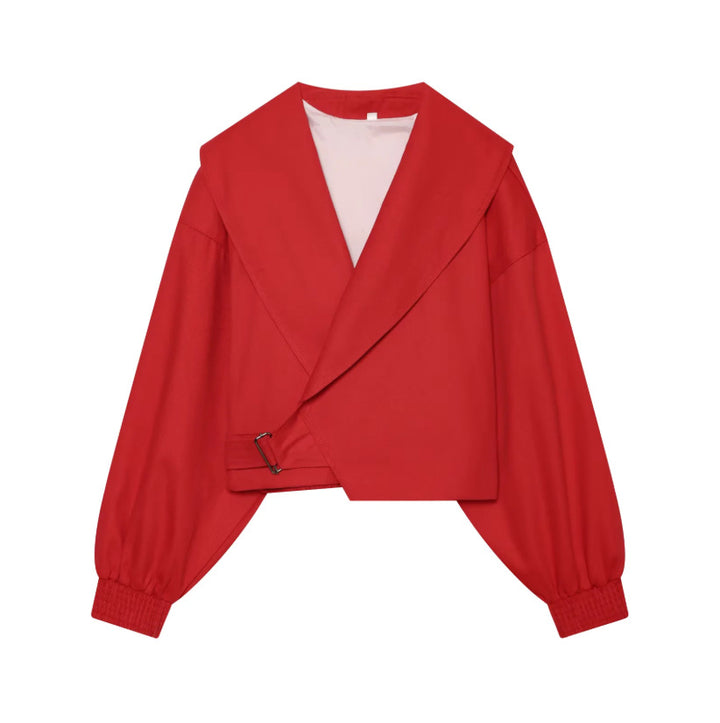 Women's short jacket with wide sailor collar, balloon sleeves, and asymmetrical buckle closure Amarae