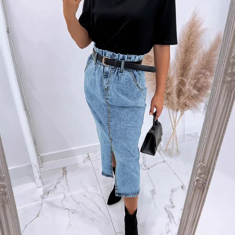 Women's High-Waisted Paperbag Denim Midi Skirt with Front Slit and Tied Belt Amarae