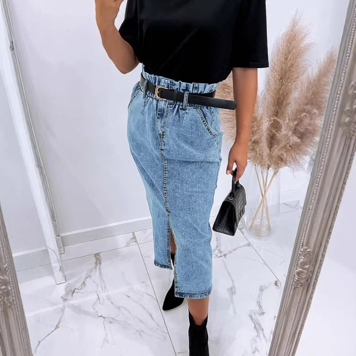 Women's High-Waisted Paperbag Denim Midi Skirt with Front Slit and Tied Belt Amarae