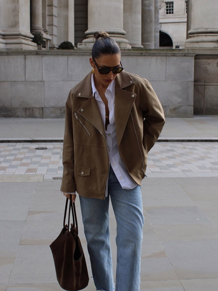Women Oversize Biker Jacket made of suede imitation with asymmetric zipper Amarae