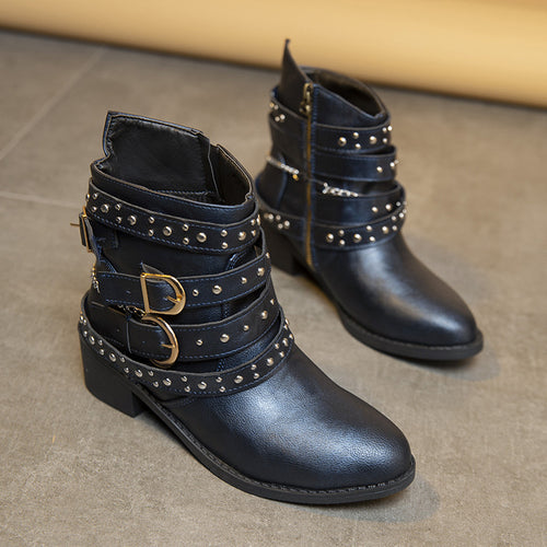 Trendy women's ankle boots with decorative straps and chain elements Amarae