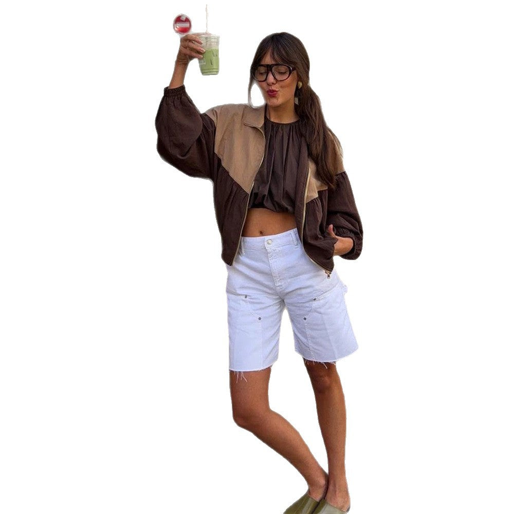Women's short cut multicolored bomber jacket with drawstring, raglan sleeves, and zipper Amarae
