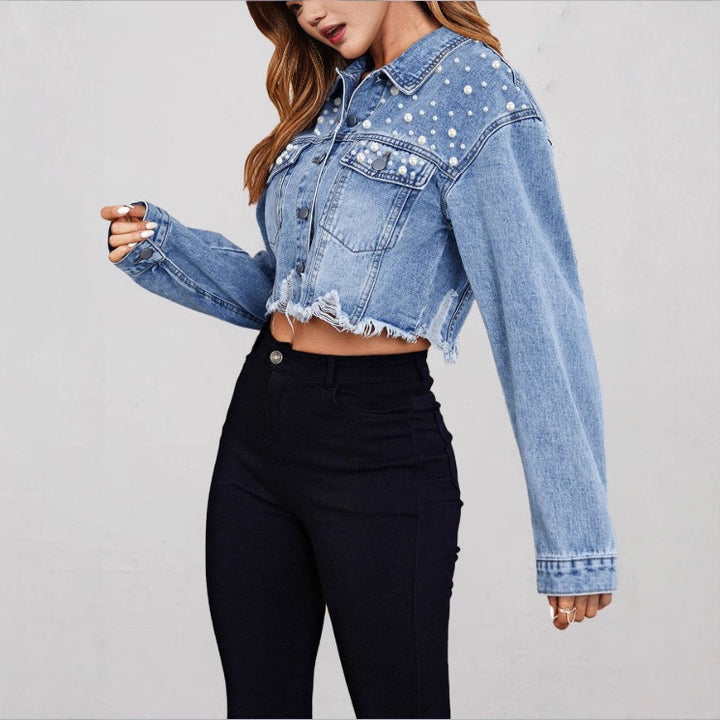 Ladies short denim jacket with pearl embellishments, fringed hem, and wide-cut sleeves Amarae
