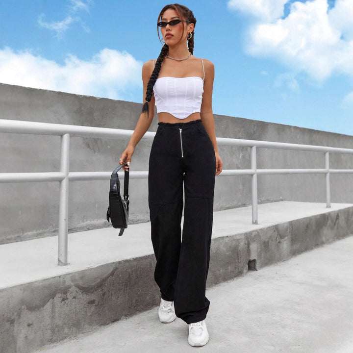 Women's High-Waisted Wide-Leg Jeans with Visible Front Zip, Knee Darts and Raw Hem Amarae