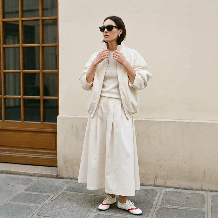 Women's Oversize Cropped Blouson with drawstring and flowing maxi skirt with side slit Amarae