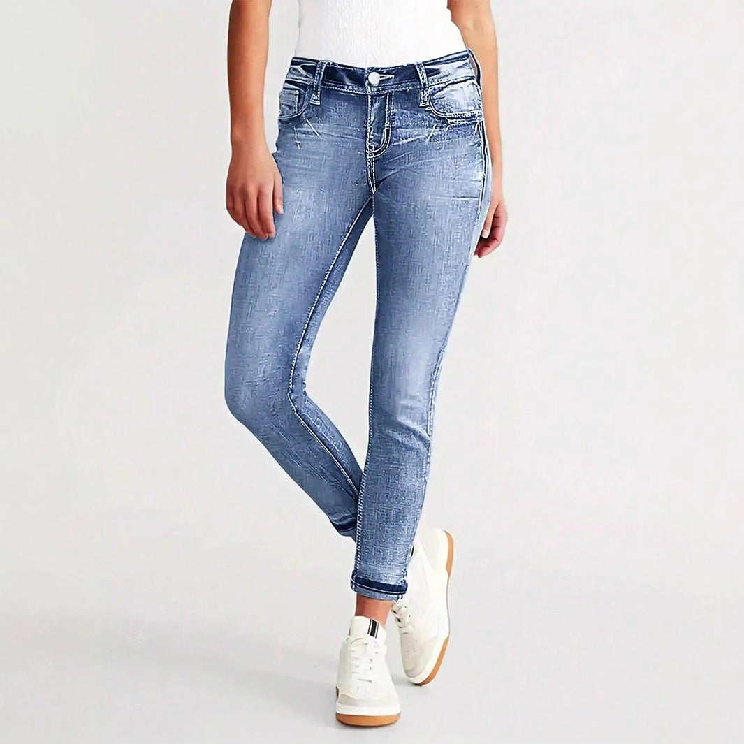 Women Ankle-Length Slim-Fit Stretch Jeans with Subtle Used Wash and Sculpting Waistband Amarae
