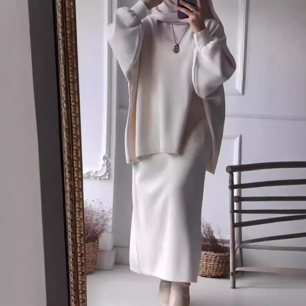 Elegant set for women made up of a casual sweater and a chic midi skirt.