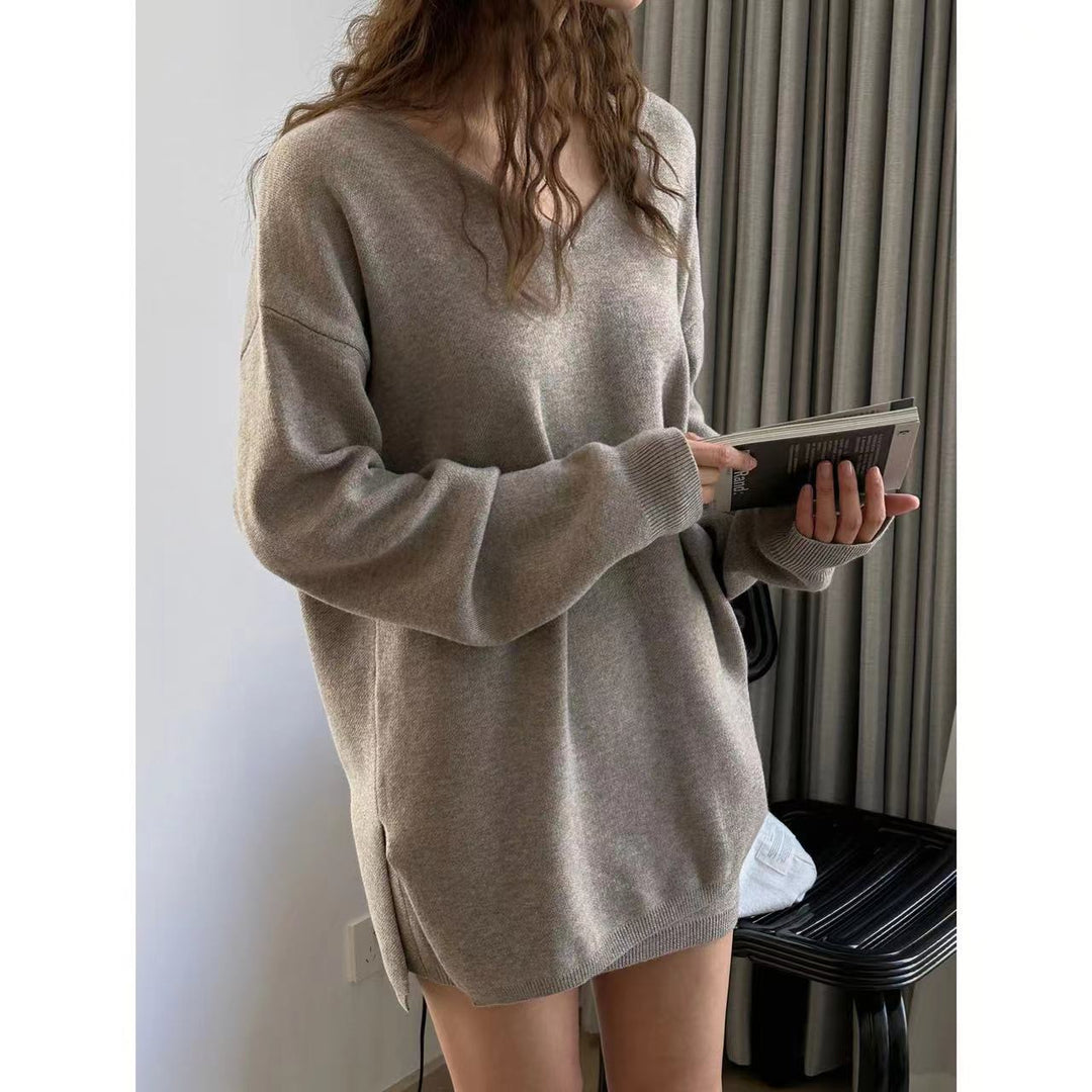 Women Oversized V-Neck Fine Knit Long Sweater with Side Slits Amarae