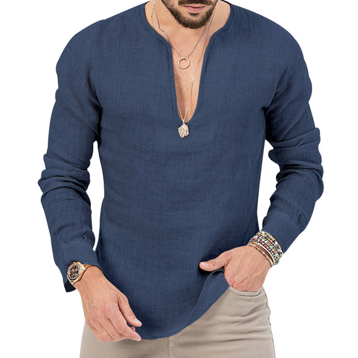 Lightweight long-sleeve shirt for men with deep round neckline and playful cut Lune London
