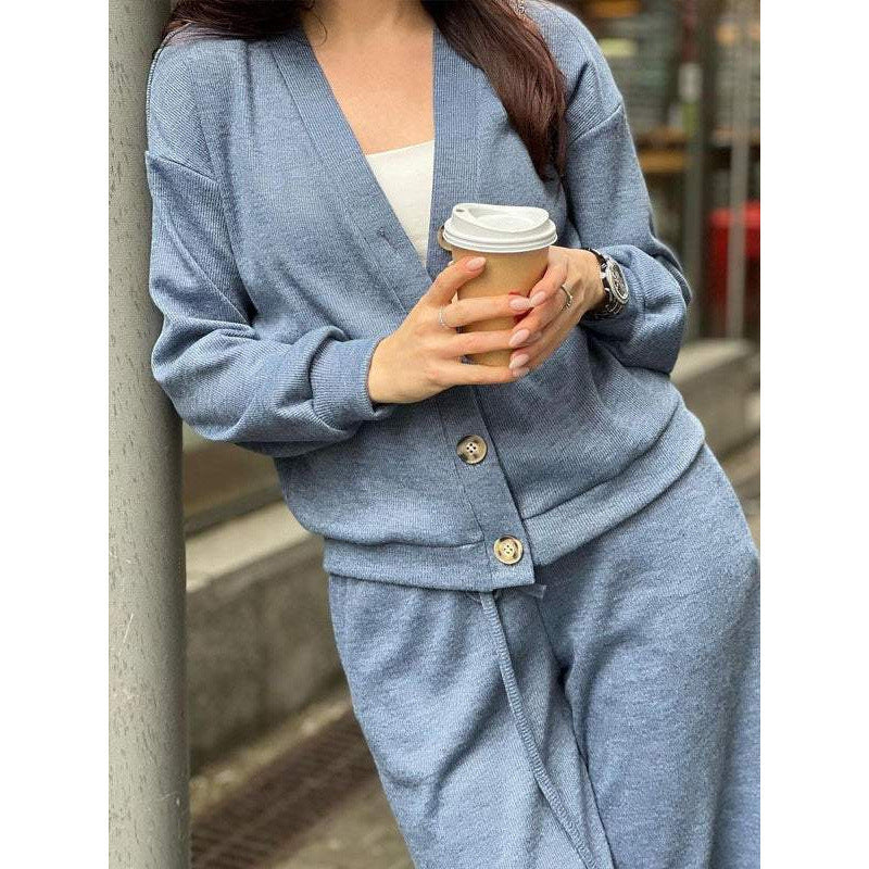 Women's Knit Loungewear Set with V-Neck Cardigan and Wide Drawstring Pants Amarae