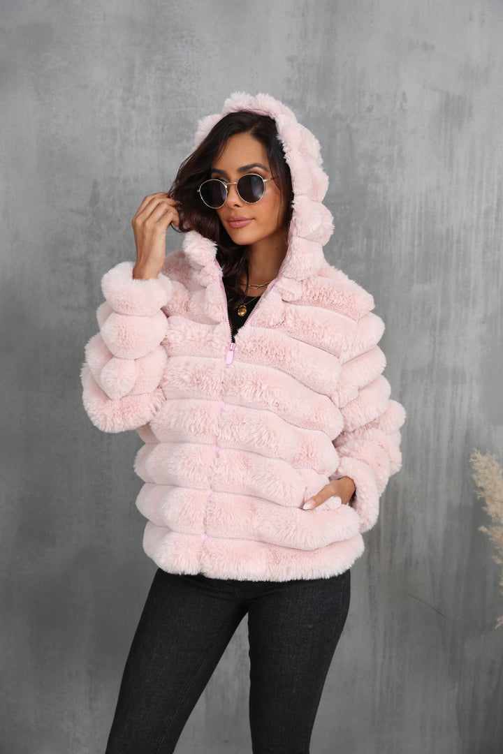 Women's Trendy Hooded Jacket Made Of Faux Fur with Textured Pattern Lune London