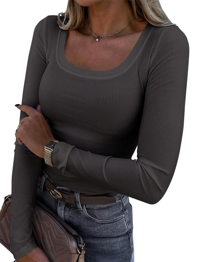 Women’s Long Sleeve Ribbed T-Shirt with Elegant Boat Neck Lune London