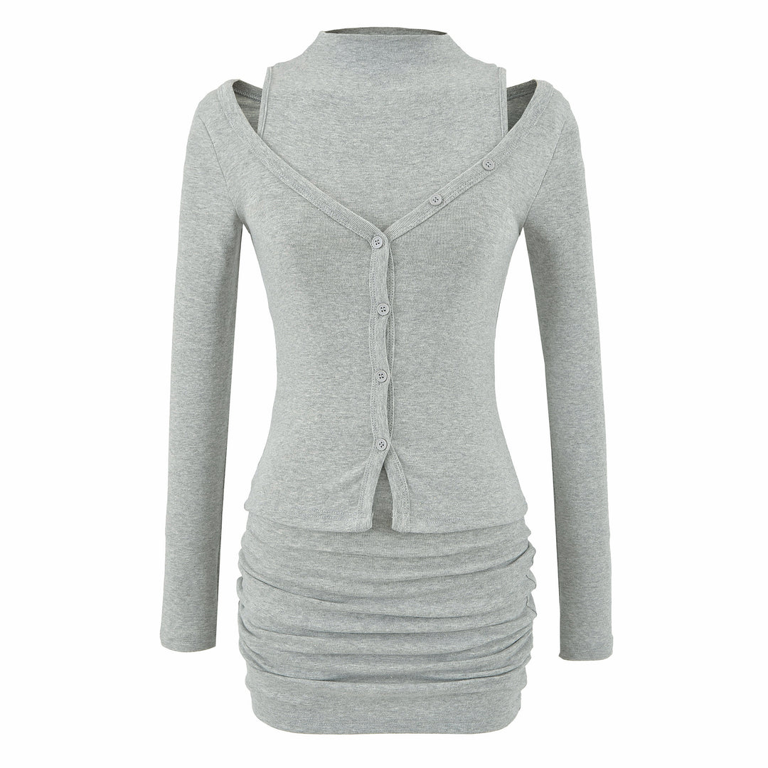 Ladies two-piece knit set with integrated high neck vest and asymmetric button cardigan Amarae