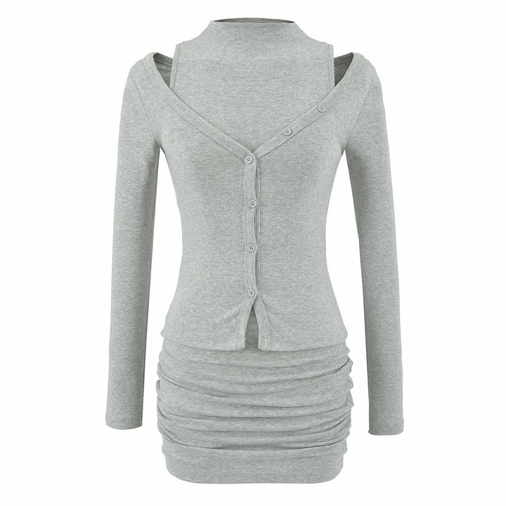 Ladies two-piece knit set with integrated high neck vest and asymmetric button cardigan Amarae