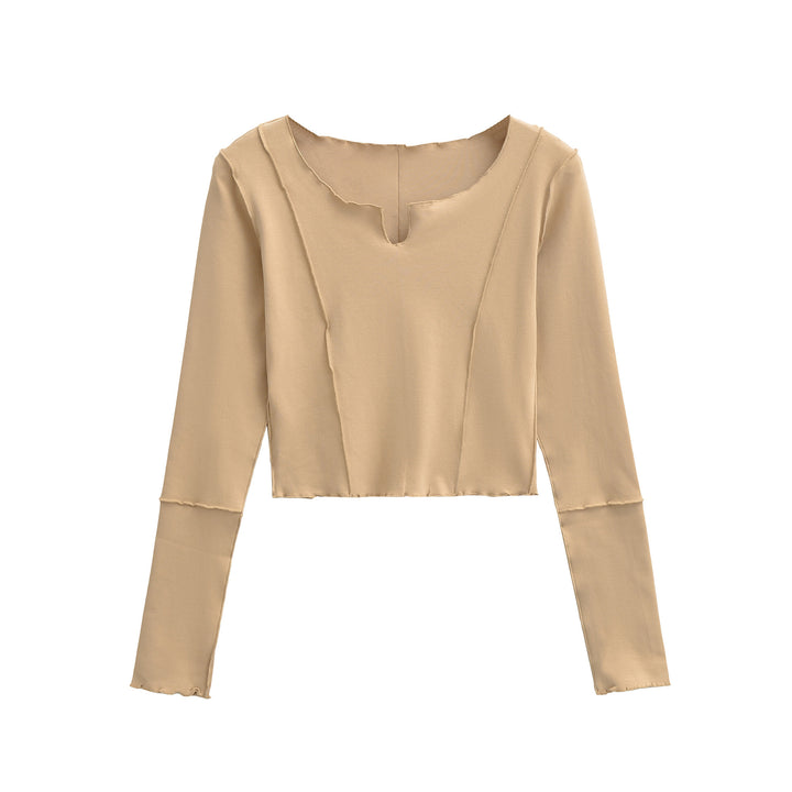 Women's Short Sleeve Long Sleeve Shirt with Visible Rolled Seams and Slit Collar Amarae