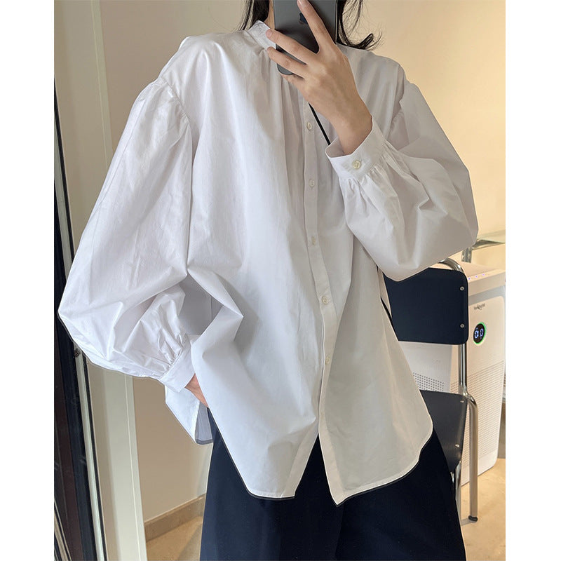 Women's Oversized Cotton Blouse with Stand Collar and Balloon Sleeves Amarae